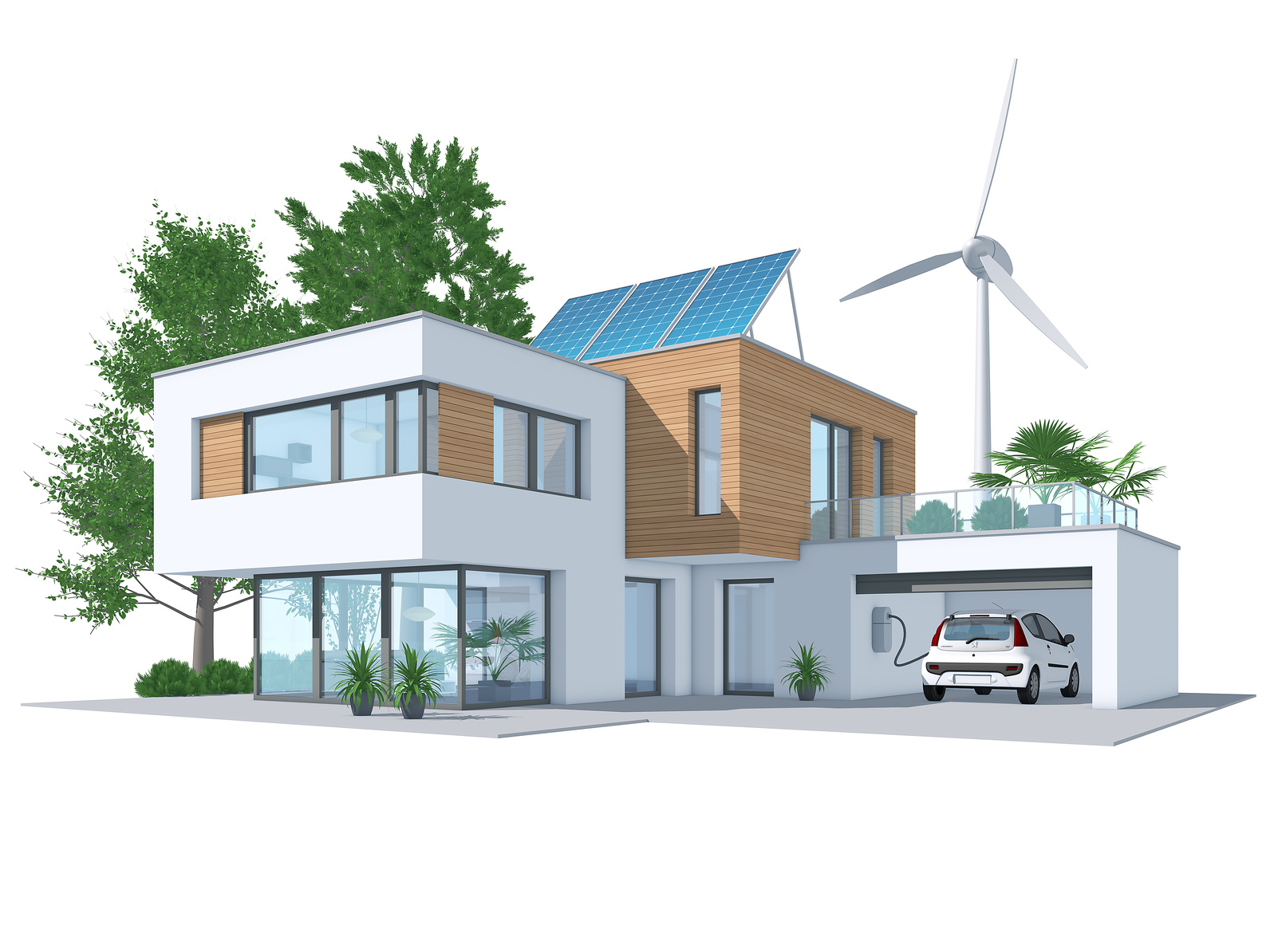 Energieeffizienz-Haus – nachhaltige Energieversorgung: 3d-Illustration